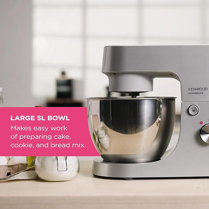 KENWOOD Stand Mixer Kitchen Machine HOMEBAKE 1000W with 5.0L Stainless Steel Bowl, K-Beater, Whisk, Dough Hook, KHH01.000SI Silver