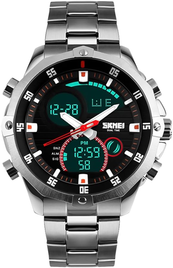 SKMEI Mens Wrist Watch, Waterproof Military Analog Digital Watches with LED Multi Time Chronograph, Stainless Steel Business Watches for Men