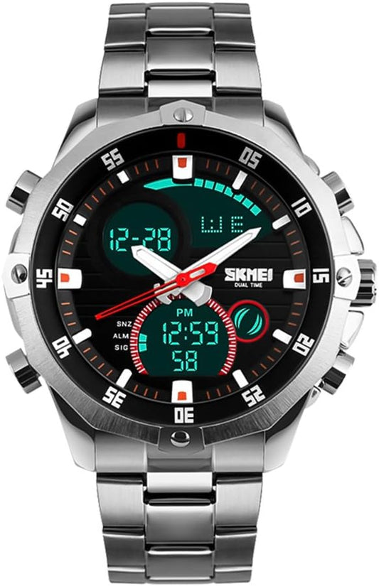 SKMEI Mens Wrist Watch, Waterproof Military Analog Digital Watches with LED Multi Time Chronograph, Stainless Steel Business Watches for Men