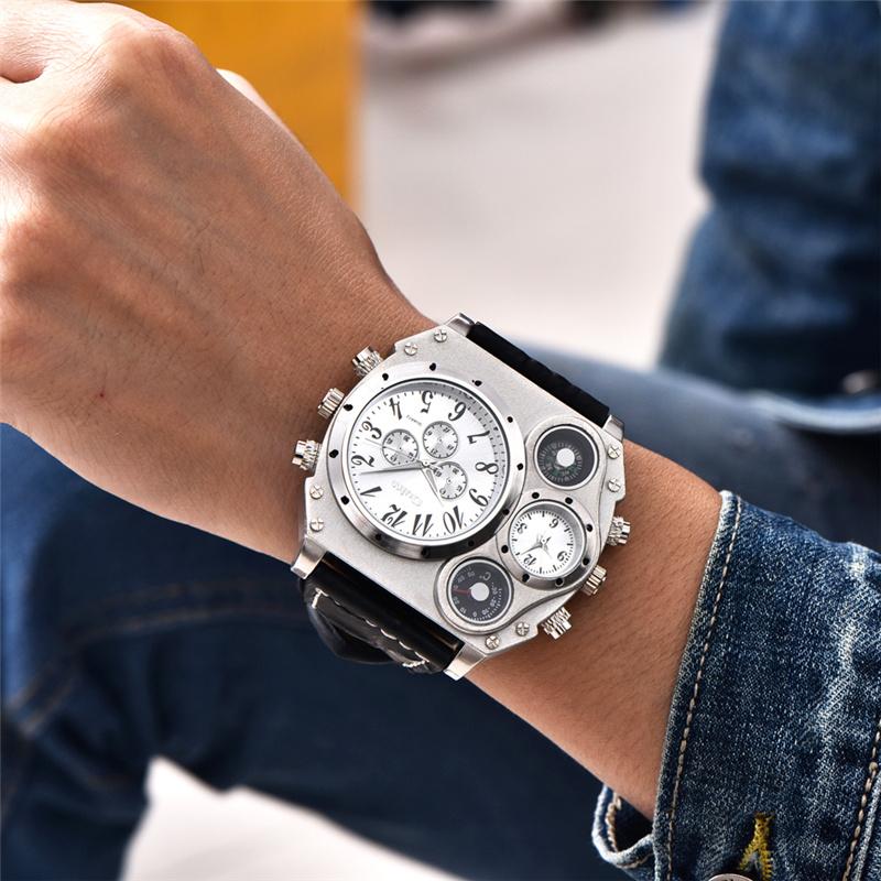 Large Dial Men's Watch with Decorative Compass and Two Time Zone Display