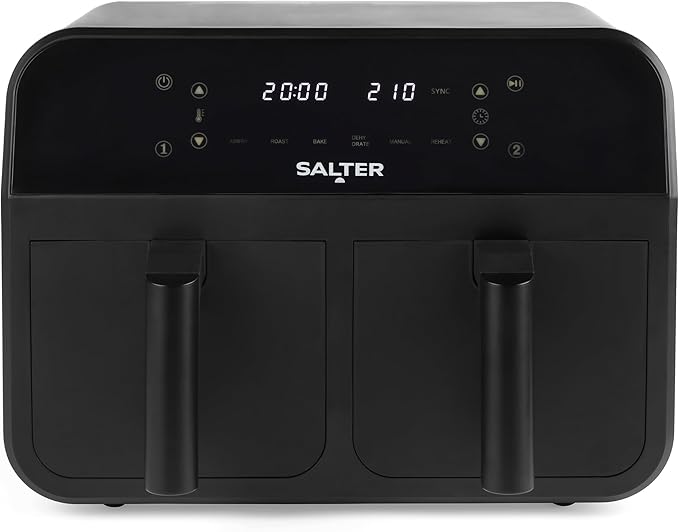 Salter EK4750BLK Dual Air Fryer – 2 x 3.7L Non-Stick Frying Drawers For Independent Cooking, Family Size 7.4L Capacity, 6 Air Fry Pre-Sets, Sync & Match To Cook & Serve Different Foods Together, 2400W
