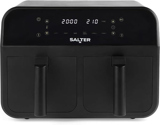 Salter EK4750BLK Dual Air Fryer – 2 x 3.7L Non-Stick Frying Drawers For Independent Cooking, Family Size 7.4L Capacity, 6 Air Fry Pre-Sets, Sync & Match To Cook & Serve Different Foods Together, 2400W