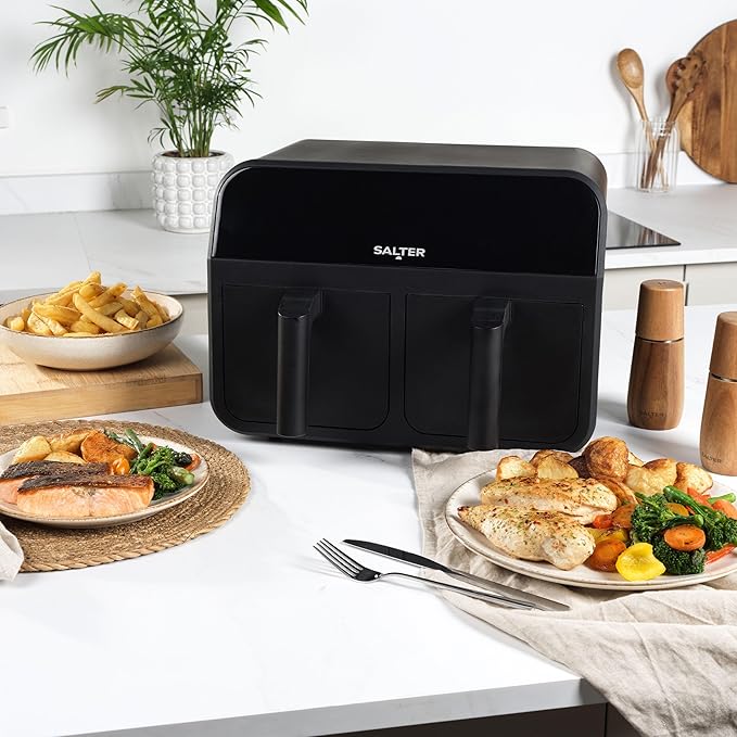 Salter EK4750BLK Dual Air Fryer – 2 x 3.7L Non-Stick Frying Drawers For Independent Cooking, Family Size 7.4L Capacity, 6 Air Fry Pre-Sets, Sync & Match To Cook & Serve Different Foods Together, 2400W