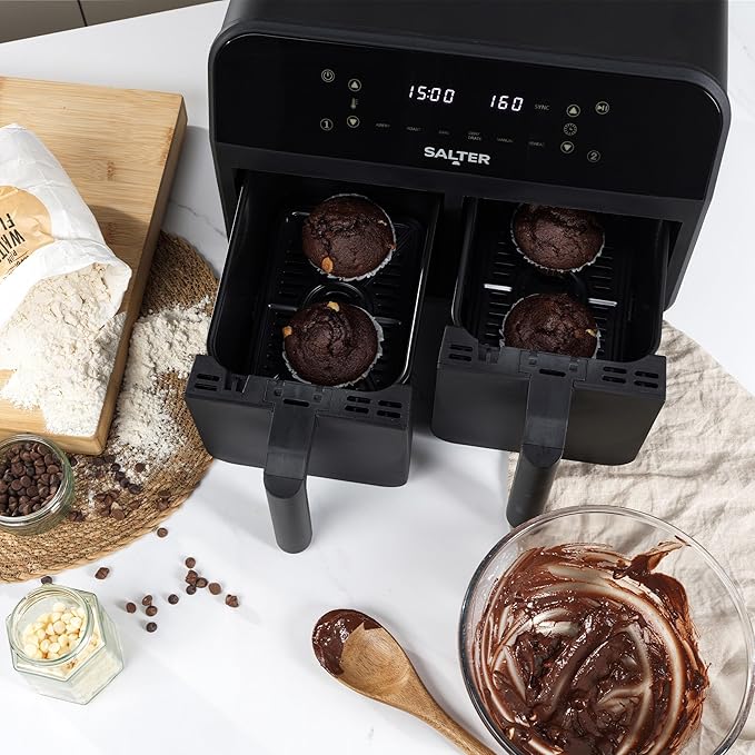 Salter EK4750BLK Dual Air Fryer – 2 x 3.7L Non-Stick Frying Drawers For Independent Cooking, Family Size 7.4L Capacity, 6 Air Fry Pre-Sets, Sync & Match To Cook & Serve Different Foods Together, 2400W