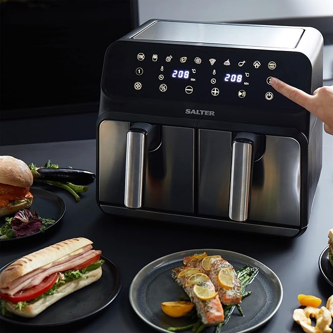 Salter EK5196 Dual Air Fryer – 7.6 L Digital Air Pro, Sync & Match Cook Function, Oil Free Fryer, Sensor Touch Display, 10 Cooking Functions, 60 Min Timer, Non-Stick Cooking, Stainless Steel, 1700 W
