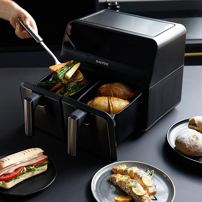 Salter EK5196 Dual Air Fryer – 7.6 L Digital Air Pro, Sync & Match Cook Function, Oil Free Fryer, Sensor Touch Display, 10 Cooking Functions, 60 Min Timer, Non-Stick Cooking, Stainless Steel, 1700 W