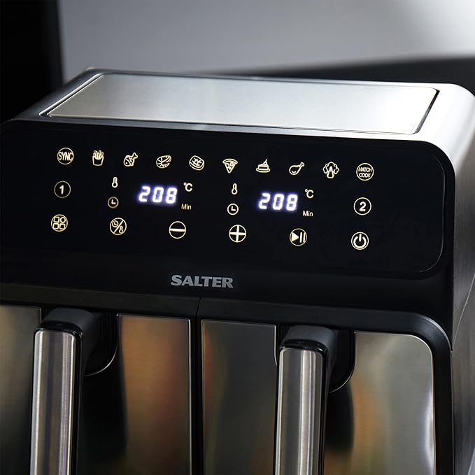Salter EK5196 Dual Air Fryer – 7.6 L Digital Air Pro, Sync & Match Cook Function, Oil Free Fryer, Sensor Touch Display, 10 Cooking Functions, 60 Min Timer, Non-Stick Cooking, Stainless Steel, 1700 W