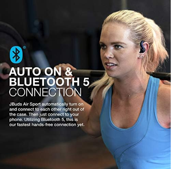 JLab JBuds Air Sport True Wireless Bluetooth Earbuds + Charging Case, Black, IP66 Sweat Resistance, Class 1 Bluetooth 5.0 Connection, 3 EQ Sound Settings JLab Signature, Balanced, Bass Boost