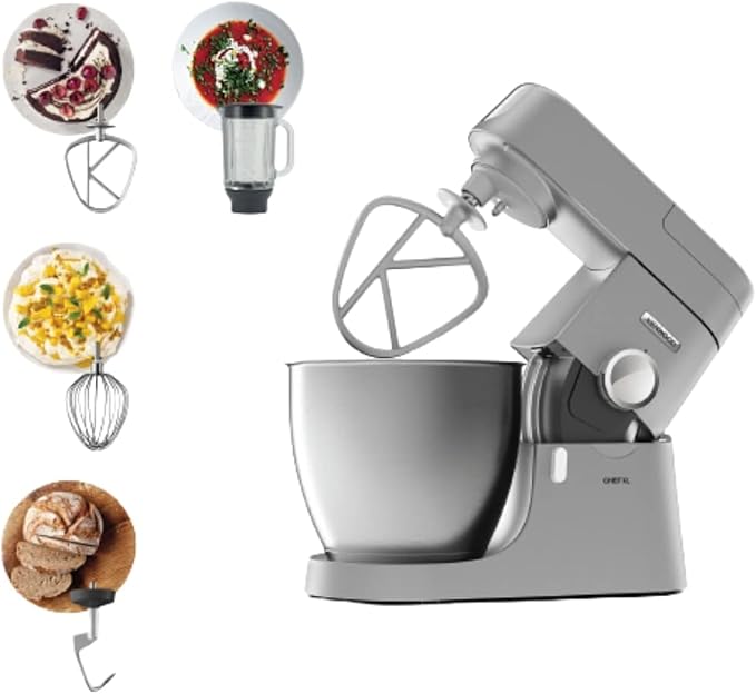 KENWOOD Stand Mixer Kitchen Machine Metal Body CHEF XL 1200W with 6.7L Stainless Steel Bowl, K-Beater, Whisk, Dough Hook, Blender KVL4110S Silver
