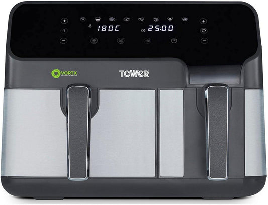 Tower T17099 Vortx 5.2L and 3.3L Eco Dual Drawer Air Fryer with 8 One-Touch Pre-sets, 1700 W Power, Black