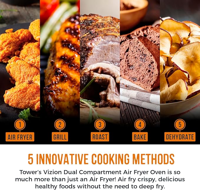 Tower T17102 Vortx Vizion Dual Compartment Air Fryer Oven with Digital Touch Panel, 11L, Black